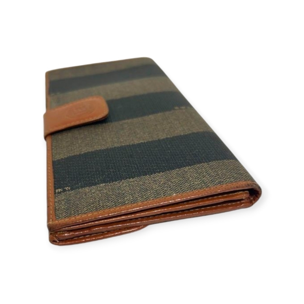 Fendi Pequin Stripe Canvas Leather Wallet Brown Navy Vintage COA - Picture 6 of 15
